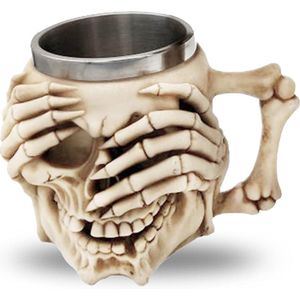 3D roestvrij stalen doodskop mok, gothic doodskop-koffiemok, middeleeuwse schedel drankware-beker, voor bier rum koffie dranken, Vaderdagcadeau, (cover eyes)