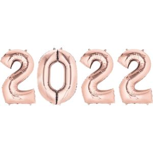 Ballon 2022 Happy New Year Versiering Oud en Nieuw Jaar Versiering Decoratie Cijfer Ballonnen Rose Goud –Met Rietje
