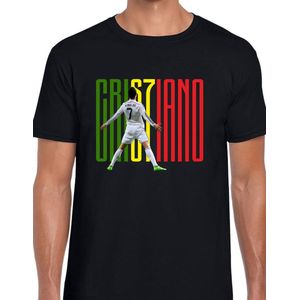 Ronaldo Uniseks T-Shirt - Zwart text groen, geel & rood- Maat S - Korte mouwen - Ronde hals - Normale pasvorm - Cristiano ronaldo - Voetbal - Voor mannen & vrouwen - Kado - Veldman prints & packaging