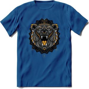 Beer - Dieren Mandala T-Shirt | Geel | Grappig Verjaardag Zentangle Dierenkop Cadeau Shirt | Dames - Heren - Unisex | Wildlife Tshirt Kleding Kado | - Donker Blauw - 3XL