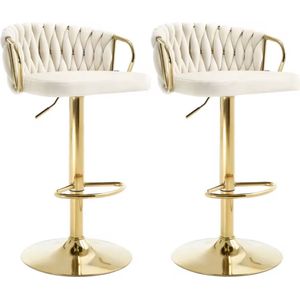 Luxe barkruk - Fluweel Barkruk - Set van 2 - Gevlochten - Hoogte verstelbaar - 360 graden draaibaar - Velvet - Gouden poot - Cream Wit