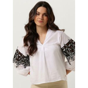 Jansen Amsterdam Cv777 Cotton Voile Blouse With Black/white Lace Detail 3/4 Sleeve Dames - Jurken - Wit - Maat XS