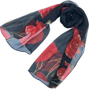 Sjaal - 100 % zijde - Zwart met rode klaprozen - Papaver - 180 x 52 cm