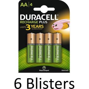 24 Stuks (6 Blisters a 4 st) Duracell AA Oplaadbare Batterijen - 1.300 mAh