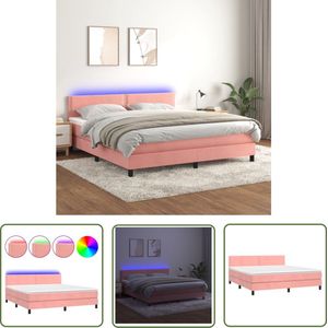 The Living Store Boxspring met matras en LED fluweel roze 160x200 cm - Boxspring Bed - Fluweel Bed - Roze Bed - Led Bed - King Size Bed