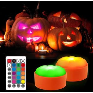 Halloween Pompoen LED-verlichting 2 stuks - Vlamloze kaarsen met afstandsbediening en timer - Pompoendecoratie Kerstmis .