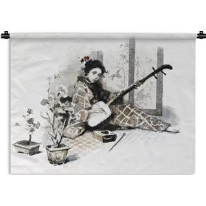 Wandkleed Aziatische schilderkunst - Stippenprint aquarel illustratie vrouw met Japanse gitaar Wandkleed katoen 120x90 cm - Wandtapijt met foto