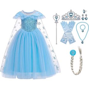 Prinsessenjurk meisje - Elsa jurk - Elsa verkleedkleding - Het Betere Merk - maat 116/122 (130) - Tiara - Kroon - Toverstaf - Lange Handschoenen - Juwelen - Verkleedkleren Meisje - Carnavalskleding Kinderen - Blauw - Cadeau Meisje