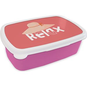 Broodtrommel Roze - Lunchbox Hoed - Wit - Zomer - Brooddoos 18x12x6 cm - Brood lunch box - Broodtrommels voor kinderen en volwassenen