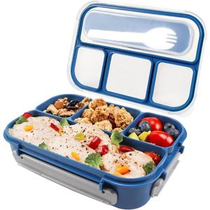 Broodtrommel voor kinderen met 4 vakken en bestek, 1300 ml, lunchbox voor volwassenen, bentobox, voor magnetron en vaatwasser, BPA-vrij (blauw)