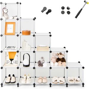 Doe-het-zelf kubusrek met 16 vakken, stapelbaar rek van kunststof, insteekrek, schoenenrek voor woonkamer, slaapkamer, wit