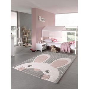 Vloerkleed Kinderkamer Konijntje Grijs-Roze - 160 x 230 cm