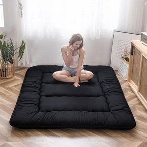 Japanse vloermatras, futonmatras, dikkere tatami-mat slaapkussen opvouwbaar oprolbare slaapzaal ligstoel kussen bed (tweepersoons, zwart)