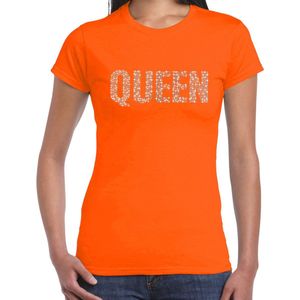 Glitter Queen t-shirt oranje met steentjes/ rhinestones voor dames- EK/WK shirts / Koningsdag - Glitter kleding/foute party outfit M