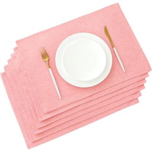 Placemats, stof, afwasbaar, set van 6, placemats, linnen, tafelonderlegger, eettafel, roze