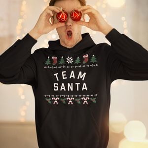Kerst Hoodie Candy Cane - Met tekst: Team Santa - Kleur Zwart - ( MAAT XS - UNISEKS FIT ) - Kerstkleding voor Dames & Heren