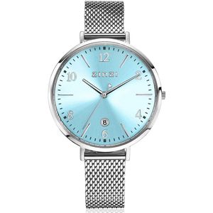 ZINZI horloge SOPHIE ice blue wijzerplaat met datum, stalen kast 38mm, stalen mesh band 14mm ZIW1445