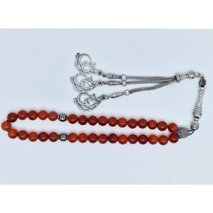 Handgemaakte tesbih klassiek - ""Tasbih"" natuursteen "" Rood Agaat"" - Aantal kralen 33 - Diameter kralen 8 MM - met metaal tassel ""Mijn moeder"" - Een mooi cadeau-idee