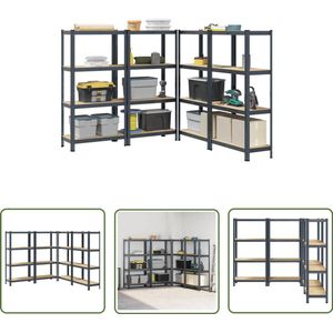 The Living Store Opbergrekken 4-laags 4st staal en bewerkt hout antracietkleurig - Opslagkast - Industriële Kast - Metalen Rek - Houten Plank - Garage Opslag