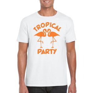 Toppers - Bellatio Decorations Tropical party T-shirt heren - met glitters - wit/oranje - carnaval/themafeest M