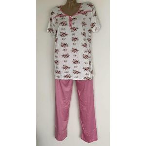 Dames pyjamaset korte mouwen met lange broek bloemenprint L wit/roze