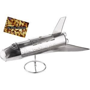 BRUBAKER wijnfles houder Space Shuttle - metalen sculptuur fleshouder raket - zilveren metalen beeldje fleshouder wijn geschenk voor ruimte fans met wenskaart