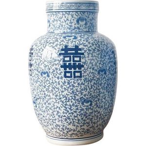 Fine Asianliving Chinese Vaas Blauw Wit Dubbele Blijdschap Porselein D28xH42cm