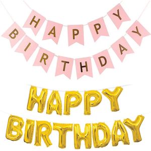 2-delige slinger set Happy Birthday licht roze met goud - verjaardag - happy birthday - roze - goud - slinger - folie ballonnen