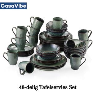 CasaVibe Serviesset – 48 delig – 12 persoons – Porselein - Luxe – Bordenset – Dinner platen – Dessertborden - Groen Glazuur
