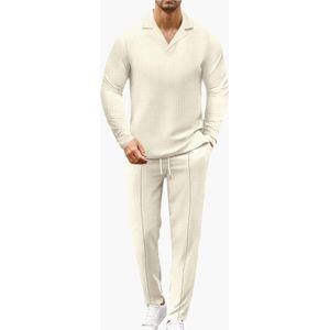 Elegante Beige 2-Delige Trainingspak – Formeel & Casual Kostuum | Broek & Lange Mouwen | Stijlvolle V-Hals Revers Kraag | Maat M