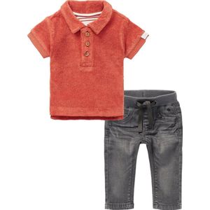 Noppies - Kledingset - 2delig - Broek Navoi Jeans Grey Denim - shirt Polo badstof Tonga oranje - Maat 56