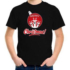 Rendier Kerstbal shirt / Kerst t-shirt Merry Christmas zwart voor kinderen - Kerstkleding / Christmas outfit 104/110