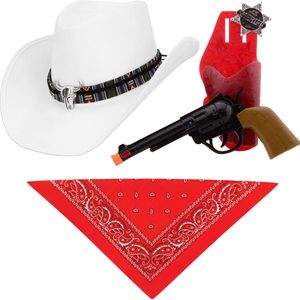 Carnaval verkleedset luxe model cowboyhoed Rodeo - wit - hals zakdoek/revolver - voor volwassen