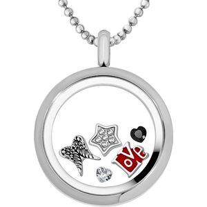 Quiges Memory Medaillon RVS 30mm met Ketting 90cm en 5 Floating Charms - CLS005