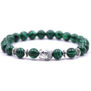 Armband met buddha bedel - Armband natuursteen - Kralen band - Dames / Heren / Unisex / Cadeau - Cadeau voor man & vrouw - Zilveren buddha - Elastisch - Groen
