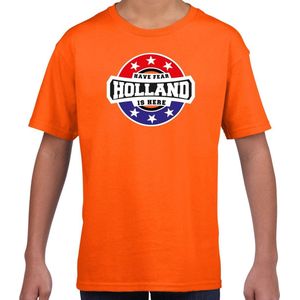Have fear Holland is here t-shirt met sterren embleem in de kleuren van de Nederlandse vlag - oranje - kids - Holland supporter / Nederlands elftal fan shirt / EK / WK / kleding 122/128