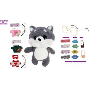 Happy Trendz® Lalafanfan Paperduck Cafe Mimi Knuffel Wolf Grijs - 30 cm - Shiba Inu Kawaii Knuffel - compleet met accessoires - bril - tasje - truitje - ketting - hoofdband - cap