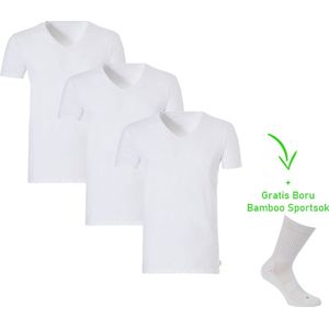 Bamboo T-Shirt - V-Hals - Super zacht - Antibacterieel - Perfect draagcomfort - 95% Bamboo - 3 stuks - 1 paar bamboo sokken cadeau - Wit - XXXL
