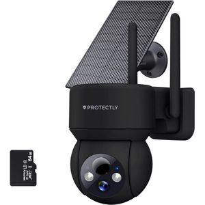 Protectly® Beveiligingscamera Draadloos Buiten – 3K HD 5MP - Camerabewaking - Bewakingscamera Voor Buiten - Buitencamera - Buiten Camera Met Nachtzicht - Camera Beveiliging - Oplaadbaar - Met WiFi en APP - Incl. 64GB SD - Incl. Zonnepaneel - Zwart