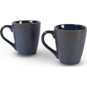 Stijlvolle Set van 2 Aardewerken Koffiebeker - 200ml Capaciteit elk - Blauw - Keramisch - Ø7.5cm Bovenkant - 9cm Hoogte | Ideaal voor Couples