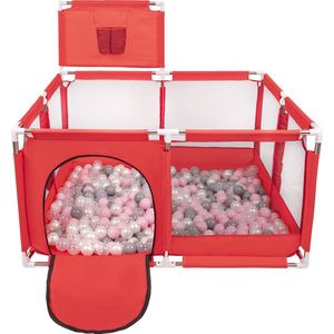 Selonis Grondbox voor Baby met 400 Ballen - Kinderbox - Speeltuin - Baby box inklapbaar voorkinder - Ballenbak ballen - Kruipbox - Speelbox playpen - Speelballen - Speelomgeving - Rood: Parel Grijs Transparant Poederroze