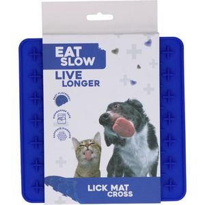 Eat Slow Live Longer Likmat Kruisjes – 19 x 19 cm - Vierkant – Snuffelmat – Anti-schrok Mat – Slowfeeder – Afleiding – Honden en Katten - 100% Siliconen – Vaatwasserbestendig – Blauw