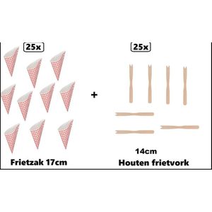 25x Frietzak Boerenbont 17cm papier + 25x XL frietvorkje hout 14cm - Geleverd in doosje , niet in envelop ivm beschadiging - friet puntzak patat friet frites bakje snack zak evenement uitdeel