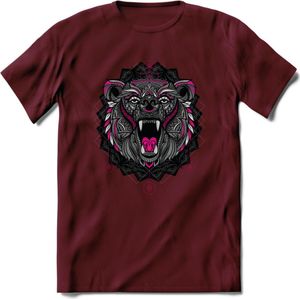 Beer - Dieren Mandala T-Shirt | Roze | Grappig Verjaardag Zentangle Dierenkop Cadeau Shirt | Dames - Heren - Unisex | Wildlife Tshirt Kleding Kado | - Burgundy - S