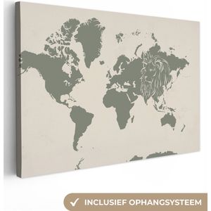 Canvas Wereldkaart - 60x40 - Wanddecoratie Wereldkaart - Dieren - Leeuw