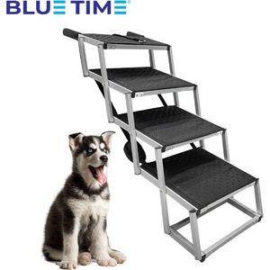 BlueTime Hondentrap Auto voor grote en kleine honden - Oplichtende markering - Opvouwbare autotrap voor stijve gewrichten - Hondenloopplank geschikt voor alle auto's - Antislip - 4 Treden