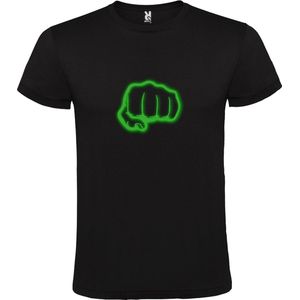 Zwart T-Shirt met “ Broeder vuist / Brofist “ Afbeelding Glow in the Dark Groen Size L