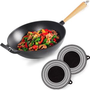 Wok gietijzer met emaille coating, gietijzeren pan, inductie met afschroefbaar houten handvat, wokpan, gietijzer, grillpan, inductie, 28 cm diameter