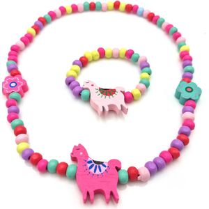 Sieradensetje voor kinderen kinderketting en armband kralen met bloemen en lama multicolor