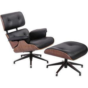 OHNO Furniture San Fransisco Lounge Stoel met Voetenbank - Armleunstoel, Imitatieleer, Hout, Zwart, Bruin